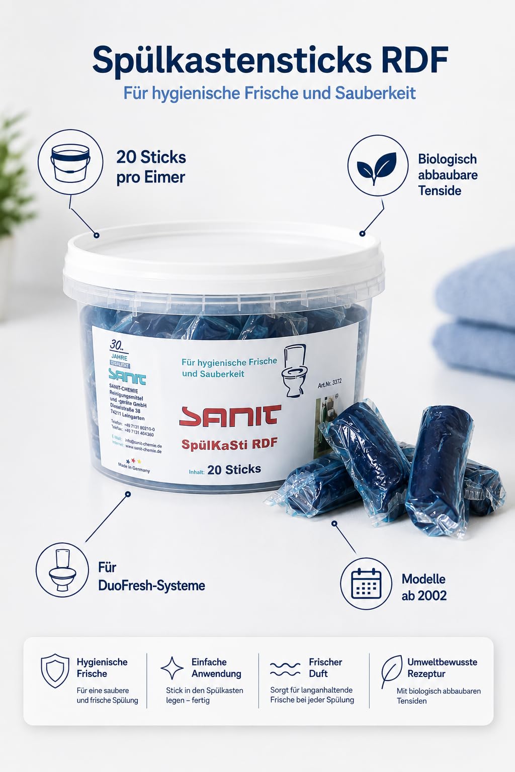 Sanit Spülkastensticks RDF blau 40 Stück + Mikrofasertuch