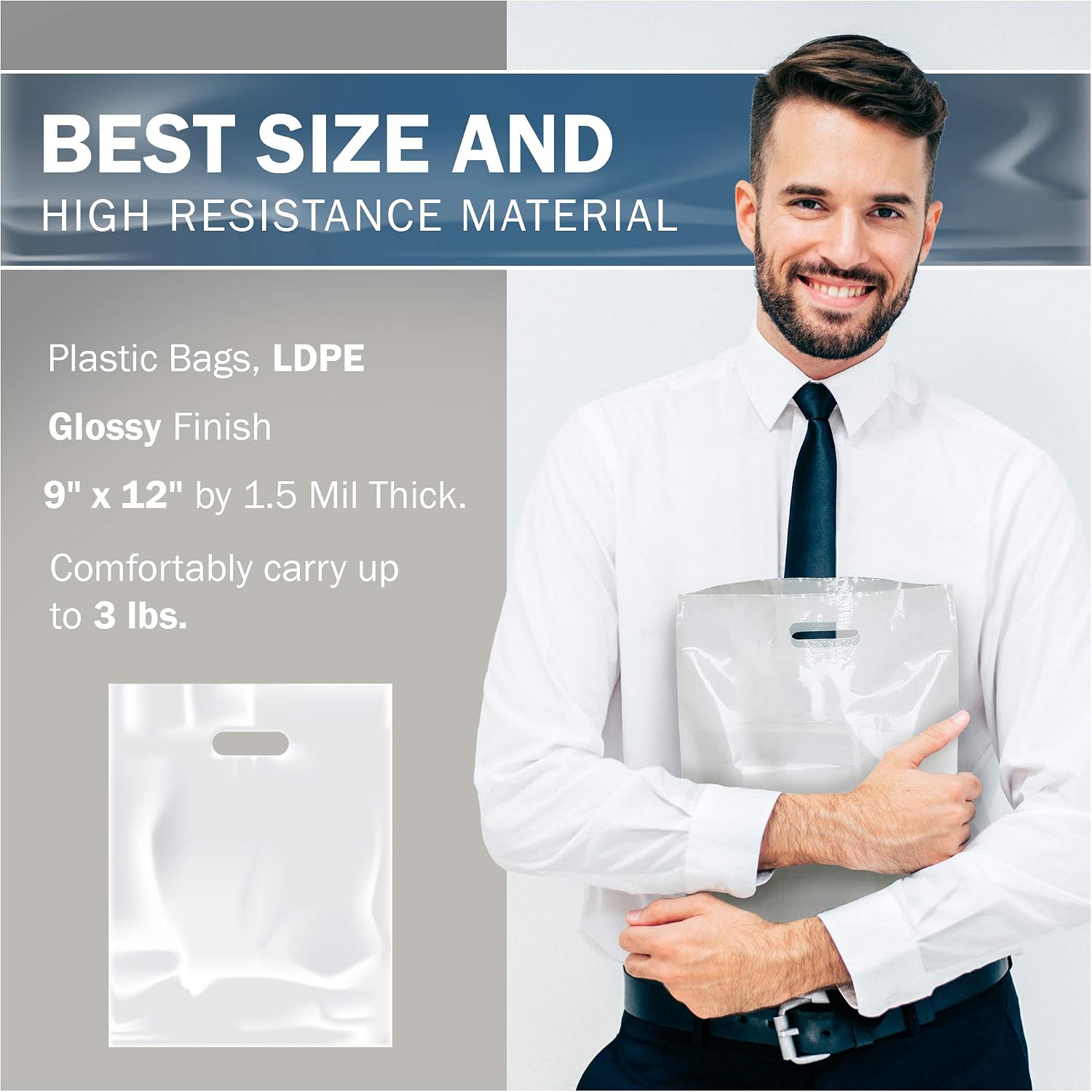 9x12 White Plastic Bags, Small, Glossy Finish, 1.5 Mil Thick, 200 Pack image 3