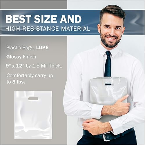 Miniatura 3 de White Merchandise - Bolsas de plástico para compras, paquete de 100 unidades de 9 x 12 pulgadas con 1.5 mil de grosor, asas troqueladas, perfectas