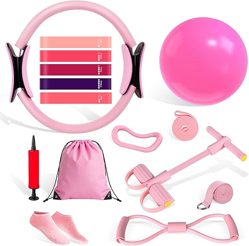 Kit de pilates para mujer, juego de pilates de 15 piezas con anillo de pilates rosa, pelota, bandas de resistencia y elementos esenciales, equipo de