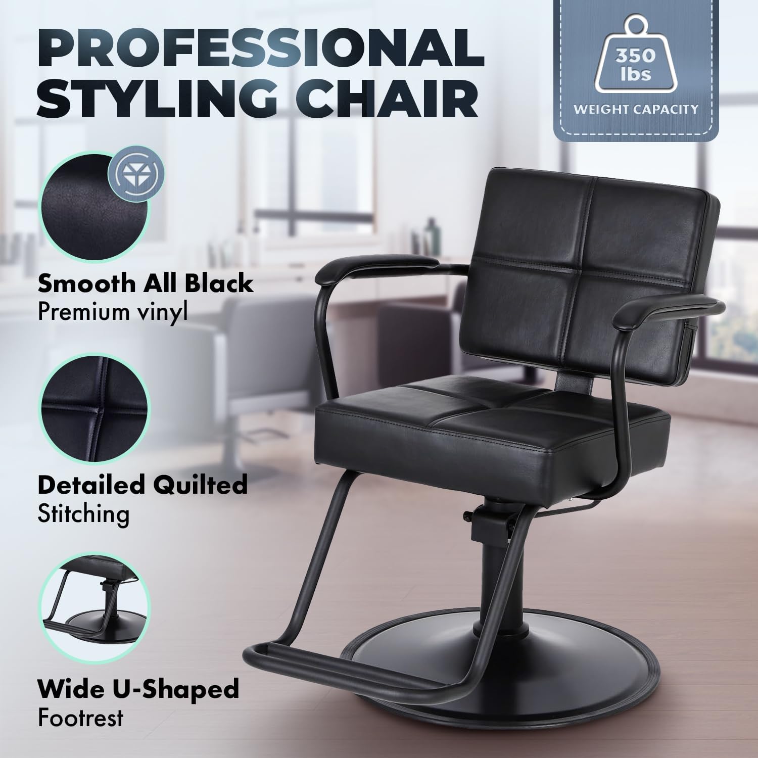 Buy-Rite Atlas Styling Chair for Professional Salons and Barbershops, Extra-Wide Seat, Black Metal Frame, Premium Black Vinyl with Detailed Stitching, Open Back Design, Hydraulic Base, NIN-5516
