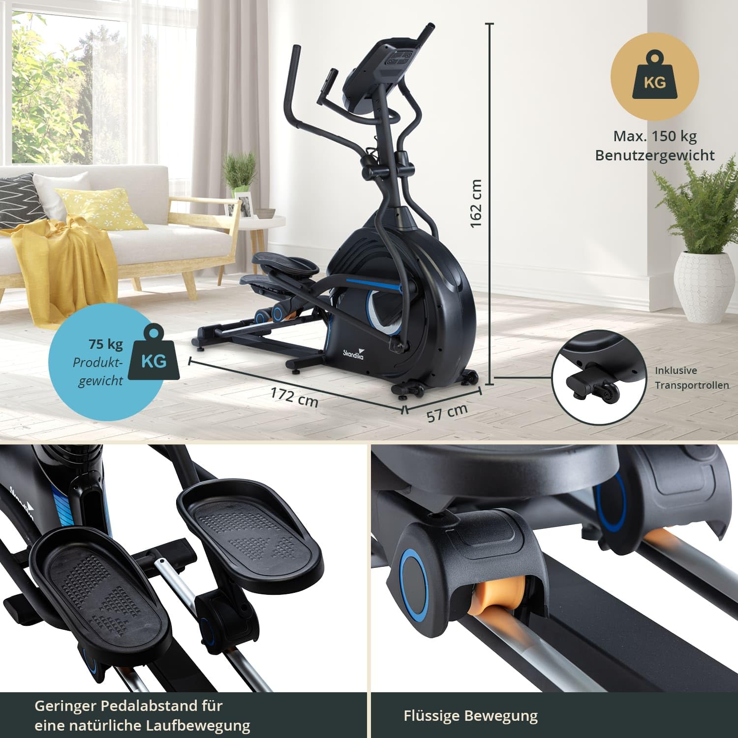 Skandika Orbitrek Carbon Conqueror, eliptyczny rower treningowy, 32 poziomy oporu, 31 programów, ekran LCD, Bluetooth, Kinomap, masa bezwładności 25 kg, regulacja wysokości, maks. 150 kg