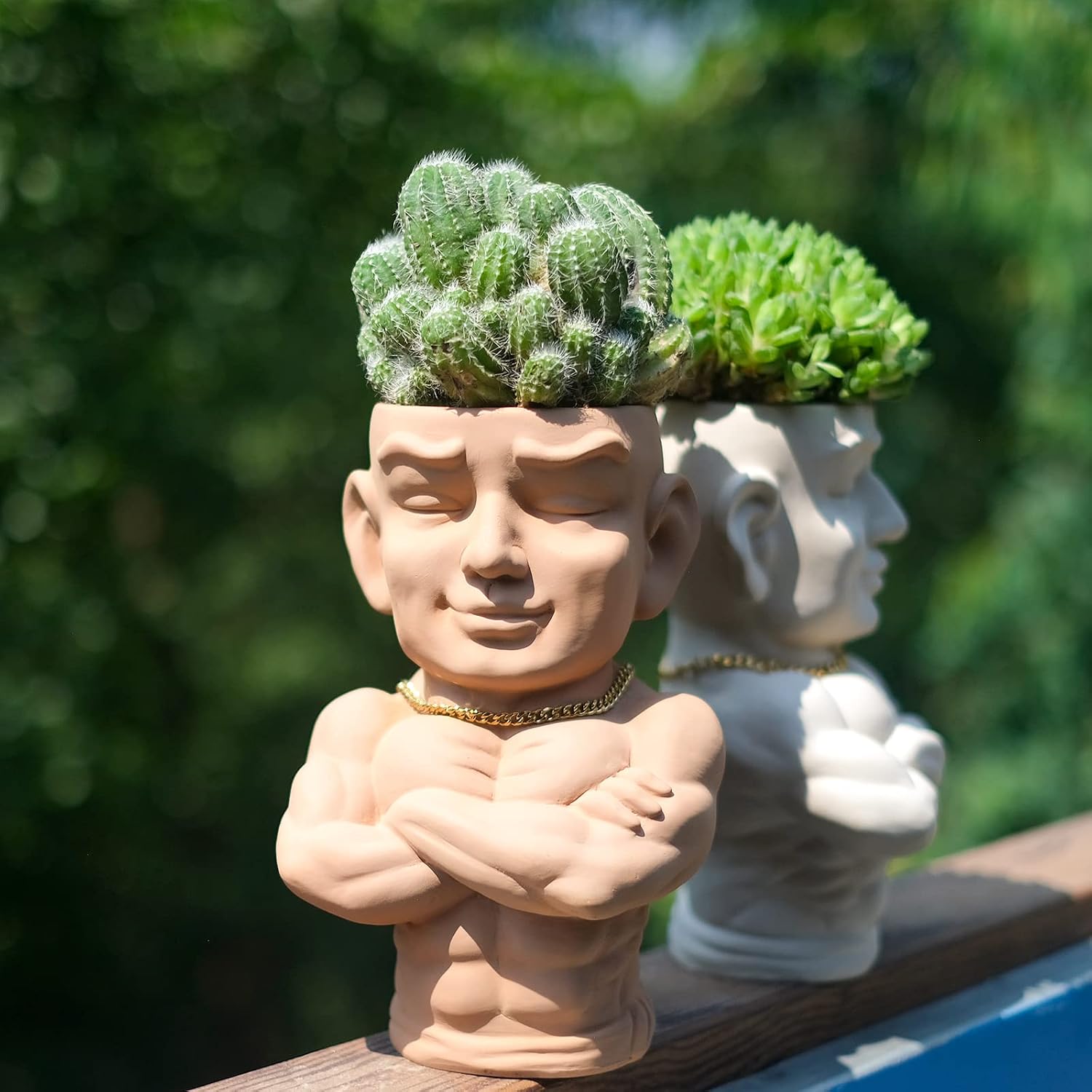 SnugMaker Face Planter Pots Head Planter Man Face Planters Pot Head Face Flower Pot Head Planter for Indoor Outdoor Plants with Drainage Hole Mscular Man(Brown)