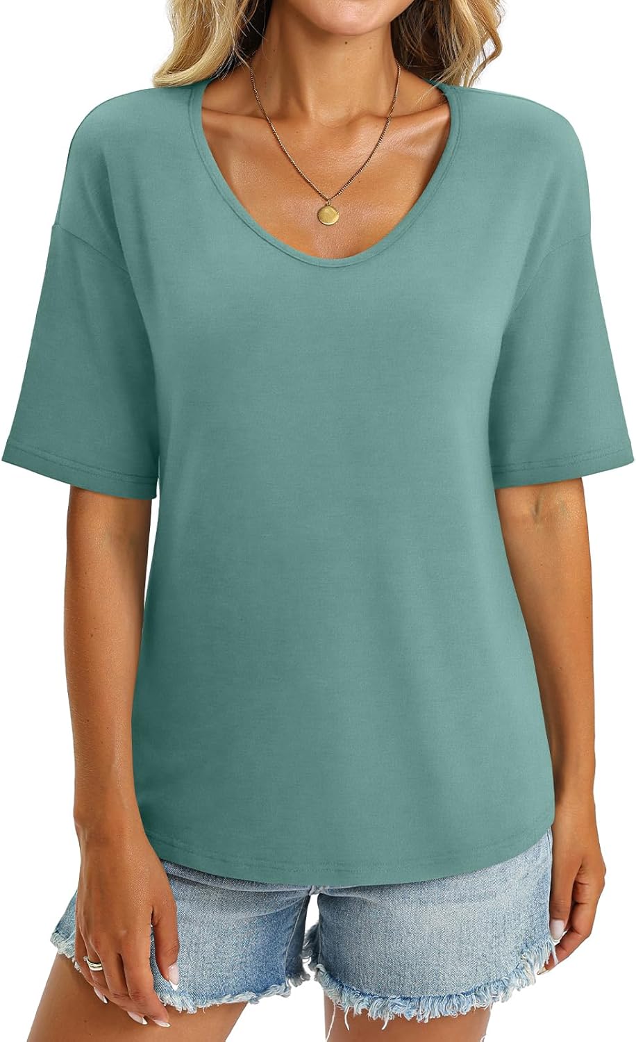 Women's V Neck Tops Elbow Length Shirts Loose Fit Summer Tops Basic Tees - Image 3