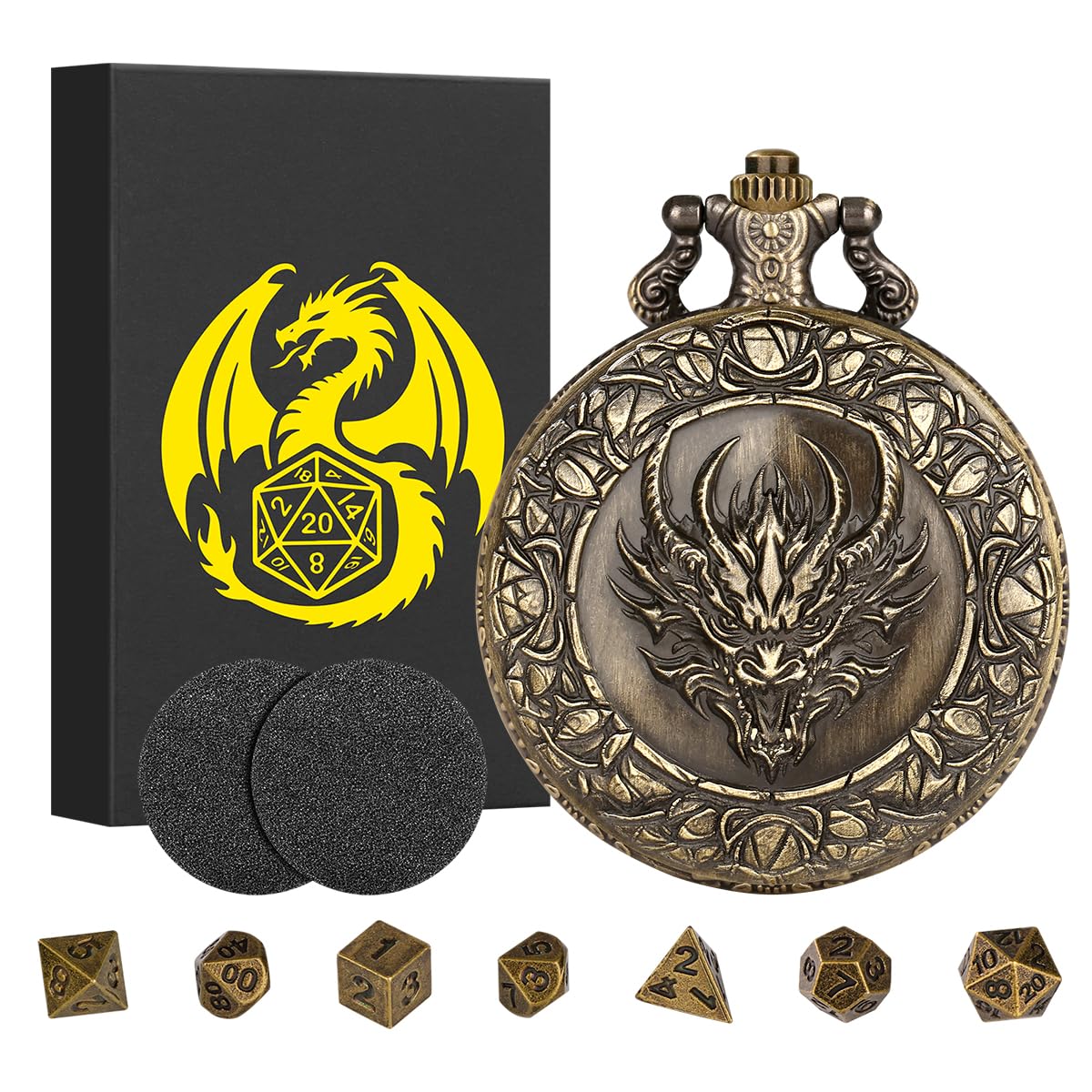 Mini DND Dice Set including Dragon Heads Pocket Watch Shell Case, D&D Starter Set, 7pcs Polyhedral Mini Metal Dice Set