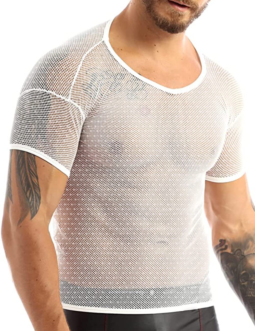 Ychnaim Camisas Transparentes para Hombre, Camisetas de Manga Corta Ajustadas de Malla de Rejilla para Camisetas musculosas, Ropa de Discoteca