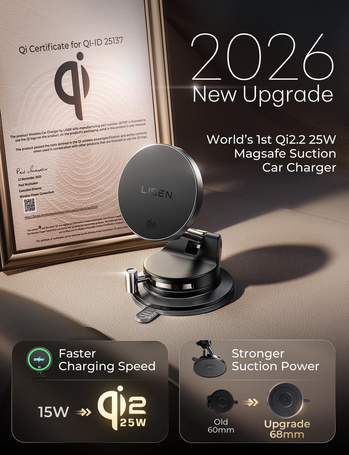 LISEN Qi2.2 25W MagSafe Car Mount Charger with included 54W adapter and cable.