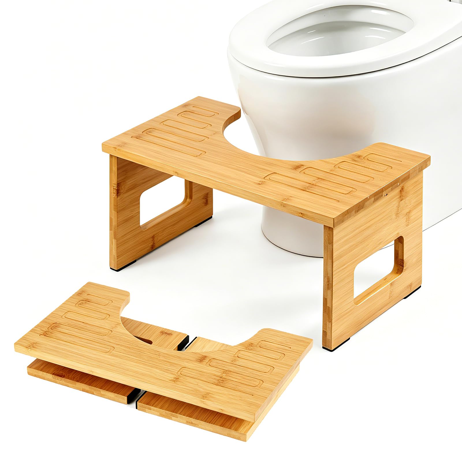 Toilettenhocker aus Bambus Holz für Erwachsene, Klohocker mit Anti-Rutsch-Pads, Ergonomischer WC Hocker für Badezimmer