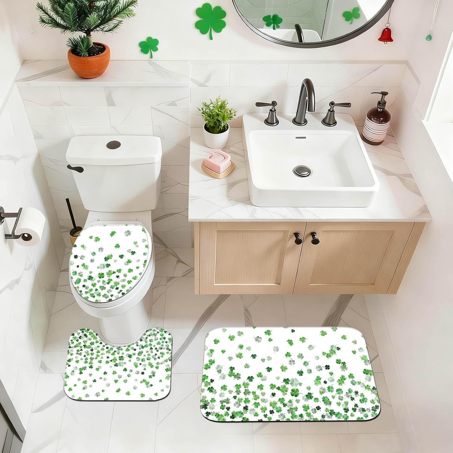 Mocsicka St Patricks Day Shower Curtain Set for Bathroom, 4Pcs Green Shamrock Clover Bathroom Sets with Non Slip Rugs, Toilet Lid Cover, Bath Mat, Shower Curtain, Bathroom Decor with 12 Hooks