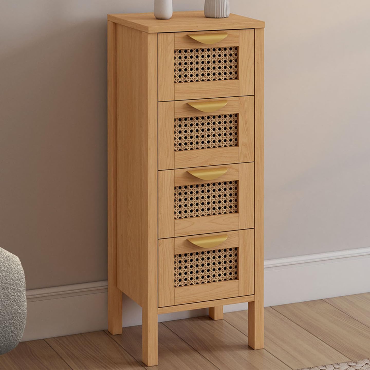 IDMarket - Meuble d'appoint 4 tiroirs EDHEN 30x30x80 cm chiffonnier pour entrée Salle de Bain avec cannage
