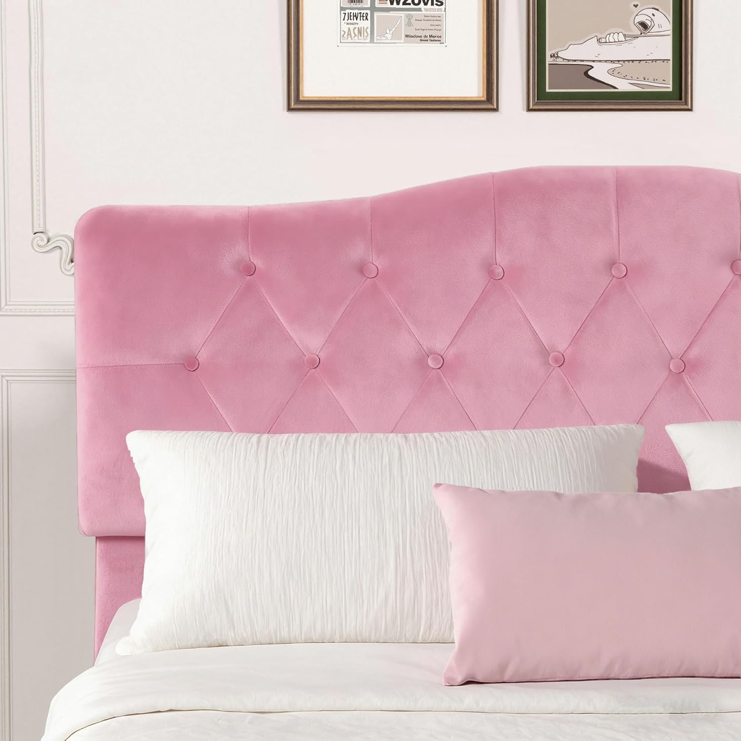 VECELO Queen Size Bed Frame with Upholstered Headboard, Velvet Platform Bedframe Mattress Foundation, Sturdy Wooden Slats Support,No Box Spring Needed Noise Free/Easy Assembly,Pink