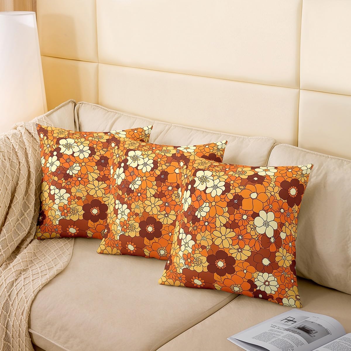 Set of 2 Boho Floral Throw Pillow Covers 24x24 Retro Groovy Flowers Cushion Covers 60S 70S Hippie Flower Cushion Cases for Kids Girls Women Groovy Natural Garden Botanical Pillow Covers Orange Brown