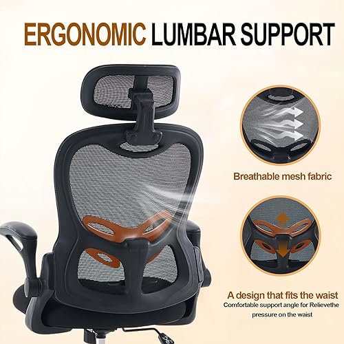 Miniatura 3 de Silla de oficina ergonómica, silla de escritorio de malla con respaldo alto y soporte lumbar ajustable, reposacabezas y reposabrazos, capacidad de