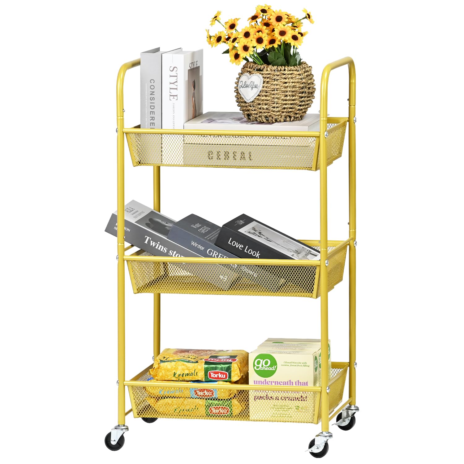 3-Tier Metal Utility Rolling with Handle, Multi-Functional Storage Trolley for Office, Living Room, Kitchen ，Kids' Room, Movable Storage Organizer with Lockable Wheels, Gold