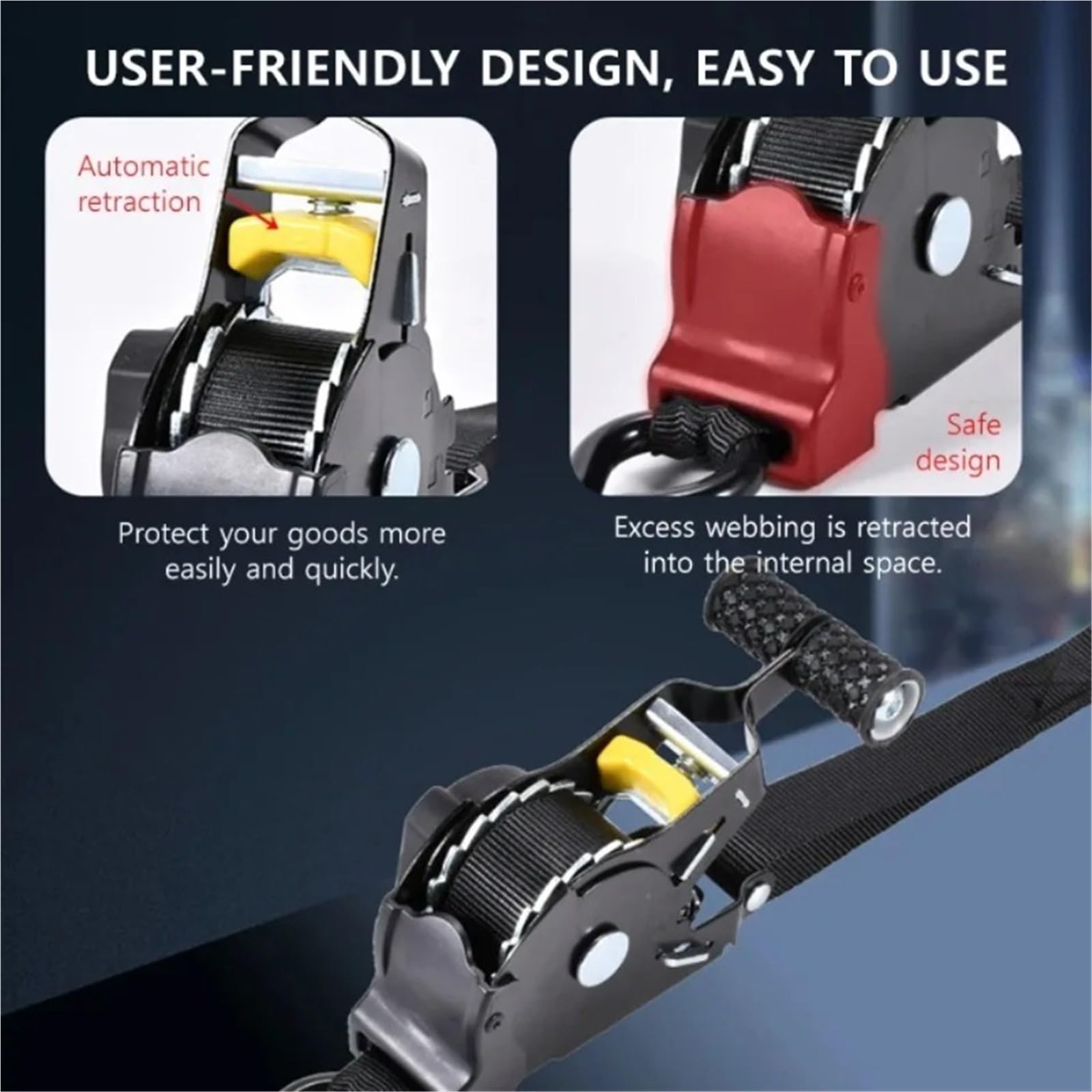 cinchas de Amarre Correa de trinquete retráctil automática, 680KG, 330CM, for Transporte Carga, camión, Motocicleta, Viaje, Correas Resistentes liberación rápida(Yellow 2 Pieces)