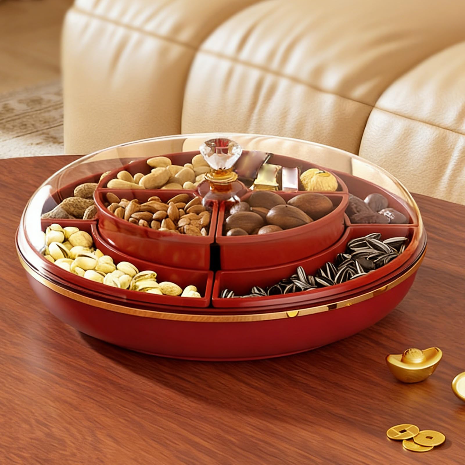 Snacktablett, tragbare Box mit zwei Fächern | mit abnehmbaren Fächern und luftdichtem Deckel, Tablett für Party – für Nüsse, Süßigkeiten, Küche, Reisen, Picknick und