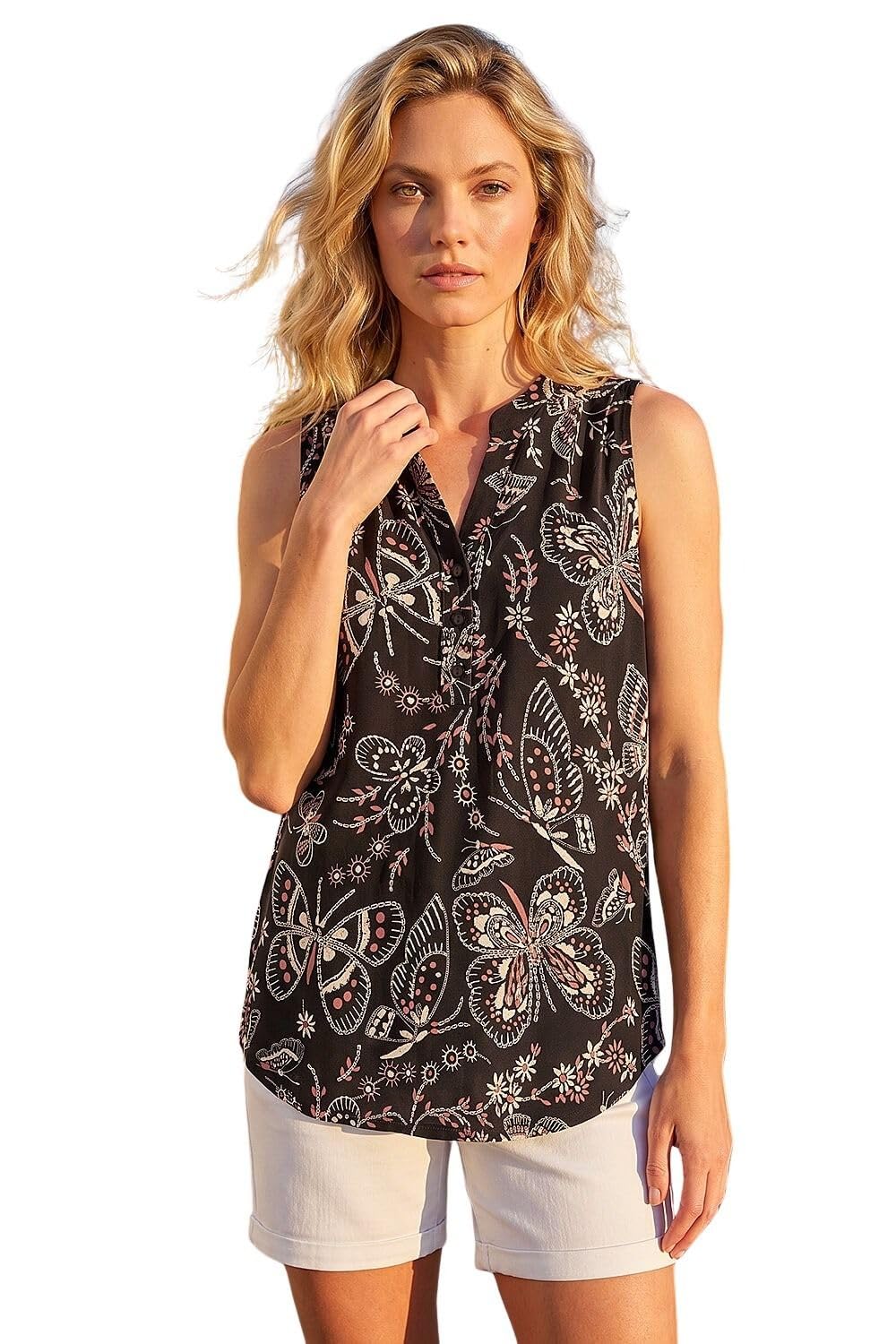 Roman Women's Butterfly Print Stretch Vest Top in Black | Size: 16