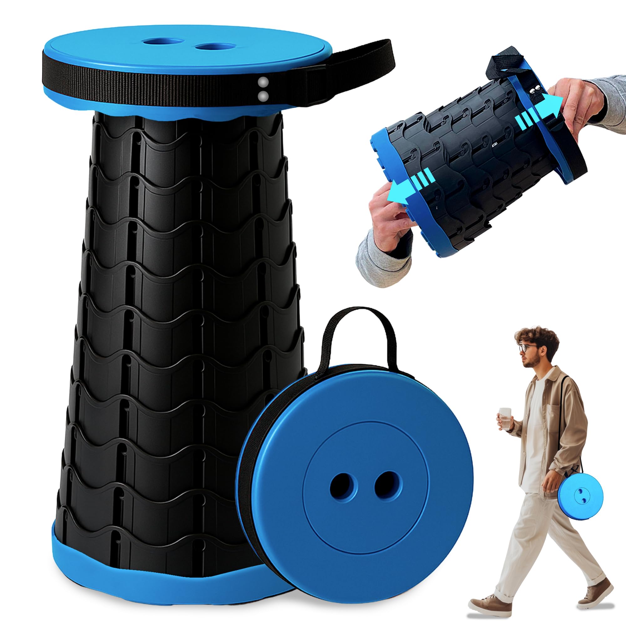 Indiluc Taburete Plegable – Taburete Plegable Portatil, Resistente y Fácil de Transportar, Camping, Hogar o Exterior, (Azul)