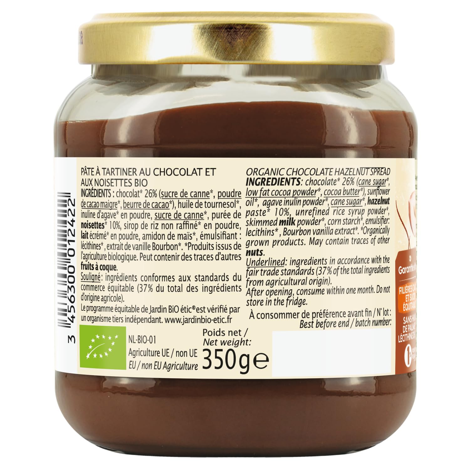 Gourmandise réduite en sucres avec JARDIN BIO ETIC Pâte à tartiner chocolat noisette sans huile de palme, pot de 350g - Lot de 3