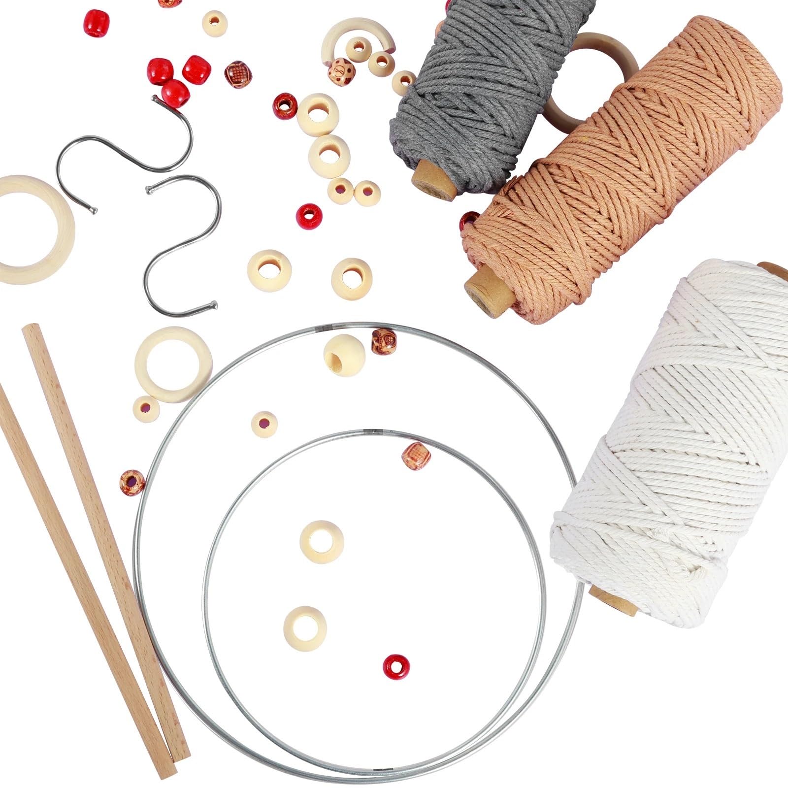 DIY-Makramee-Strickset Makramee-Set for Erwachsene und Anfänger, DIY-Makramee-Set mit Makramee-Seil, Holzringen, Traumfänger-Ringperlen, Makramee-Wandaufhänger Für Die Heimdekoration