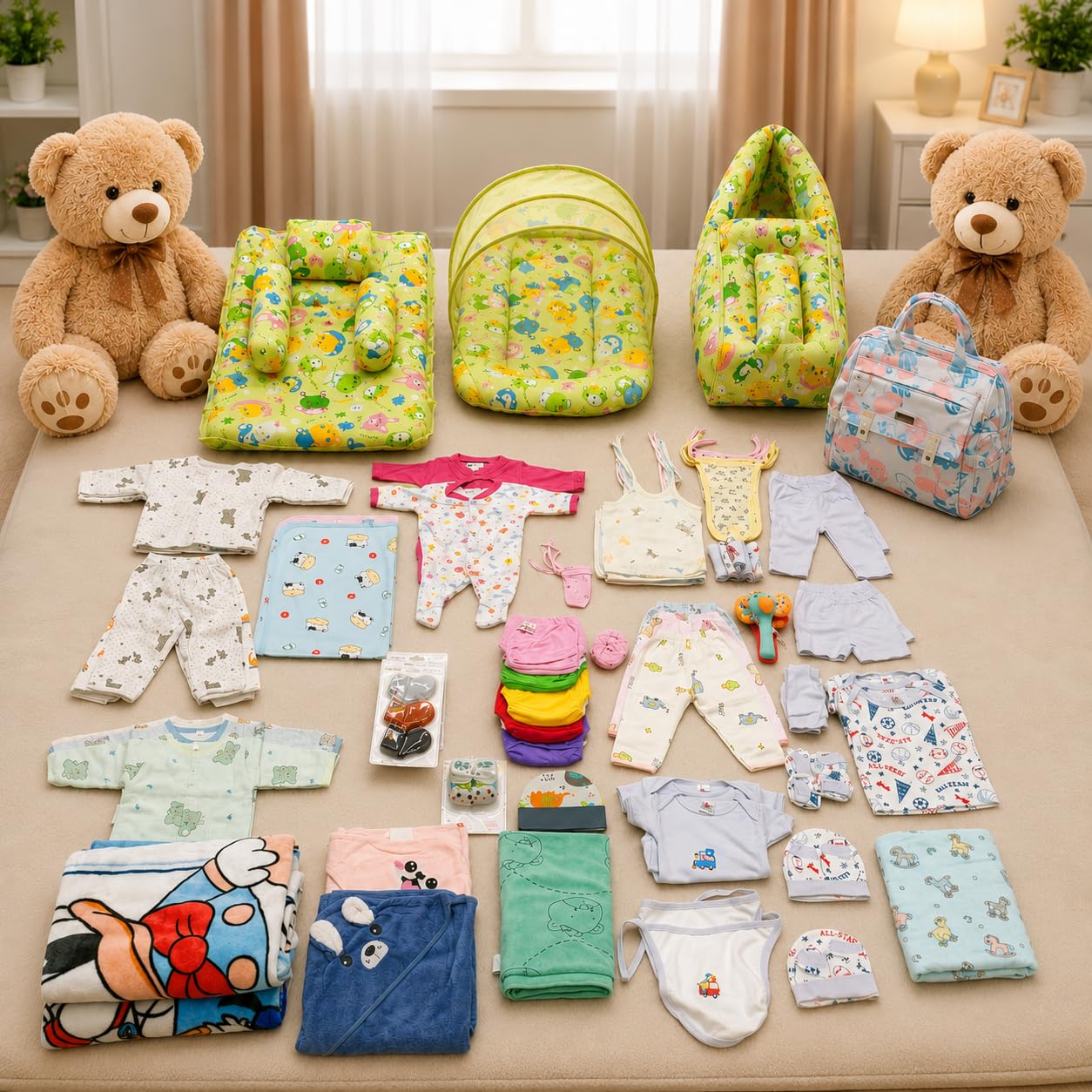 BABY STATION 90 in 1 Newborn Baby Bedding Essentials Kit, Multicolor | Pack of 90, 0-6 Months, Complete Hospital Kit Combo, Daily Needs Gift Set, Premium-image-8