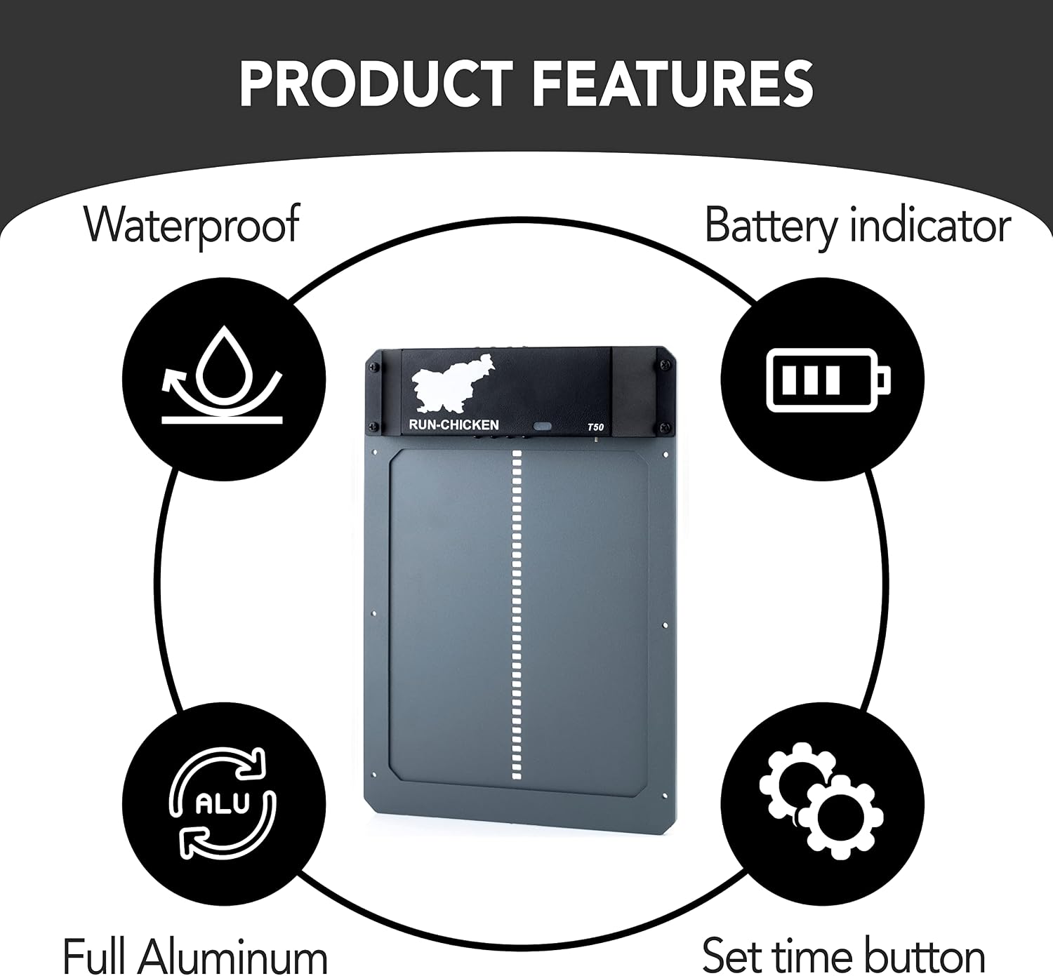 RUN-CHICKEN Door (Gray) Automatic Chicken Coop Door Opener with Timer, Programmable Light Sensor, Battery Powered, Evening and Morning Delay, Aluminum Door, Automatic Chicken Door Opener Model T50