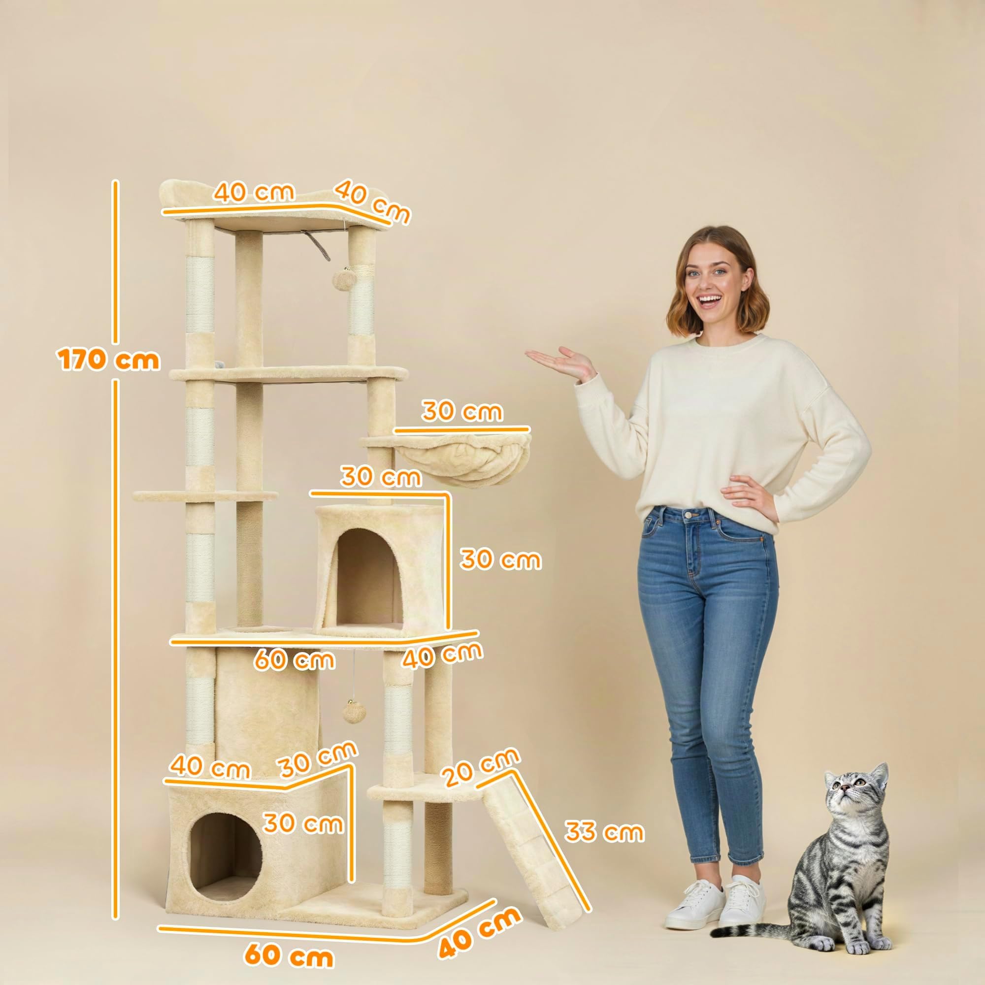 PawHut Árbol Rascador para Gatos Grande Torre de Escalada 170 cm Beige | Árbol para Gatos, 7 Postes, 1 Túnel, 3 Plataformas, 2 Cuevas, 1 Hamaca, 1 Percha, 1 Rampa, Pompones