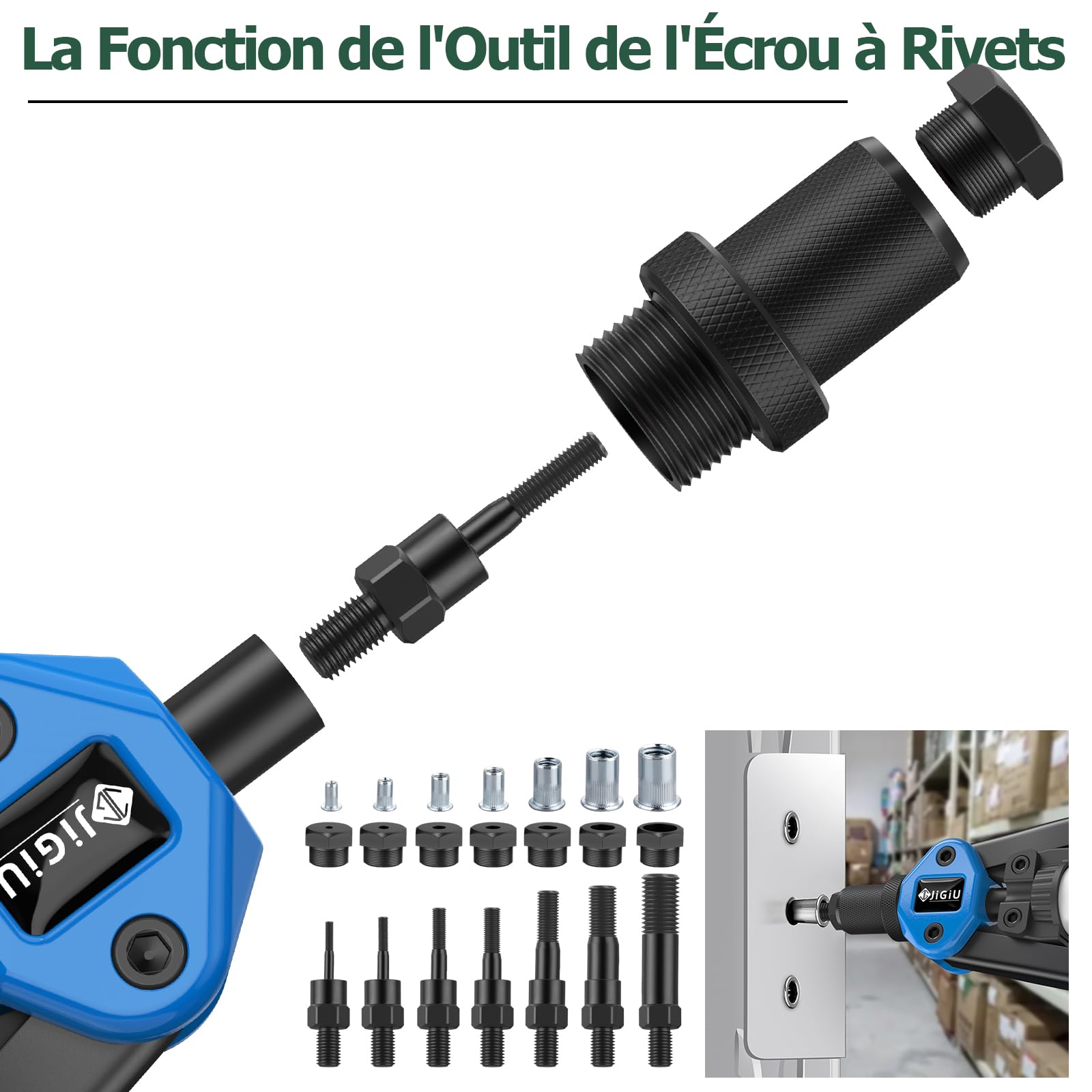 JiGiU 2 EN 1 Riveteuse Manuelle et Pince à Insert Fileté Professionnel Bleu | Pistolet à Écrou avec 110 Écrous, 7 Mandrins M3 à M12, Pince à Rivets avec 50 Rivets, 5 Embouts 2.4 à 6.4mm, pour Bricolage