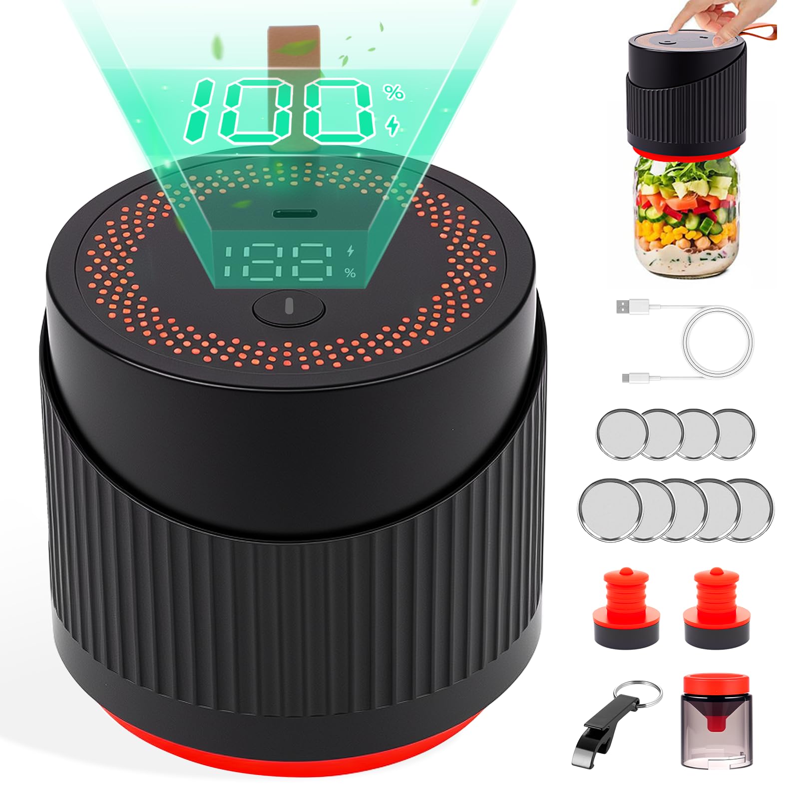 Lemonfilter Electric Mason Jar Vacuum Sealer Kit, Auto Mason Jar Vacuum Sealer Kit with LED Display, Ideal for Canning & Sealing Food Storage, Includes 5 Regular & Wide Mouth Lids (Black)
