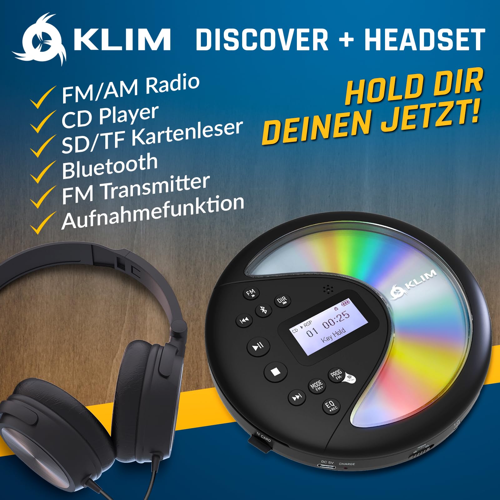 Discover Tragbarer CD Player mit Bluetooth Radio und Akku - Mit Headset