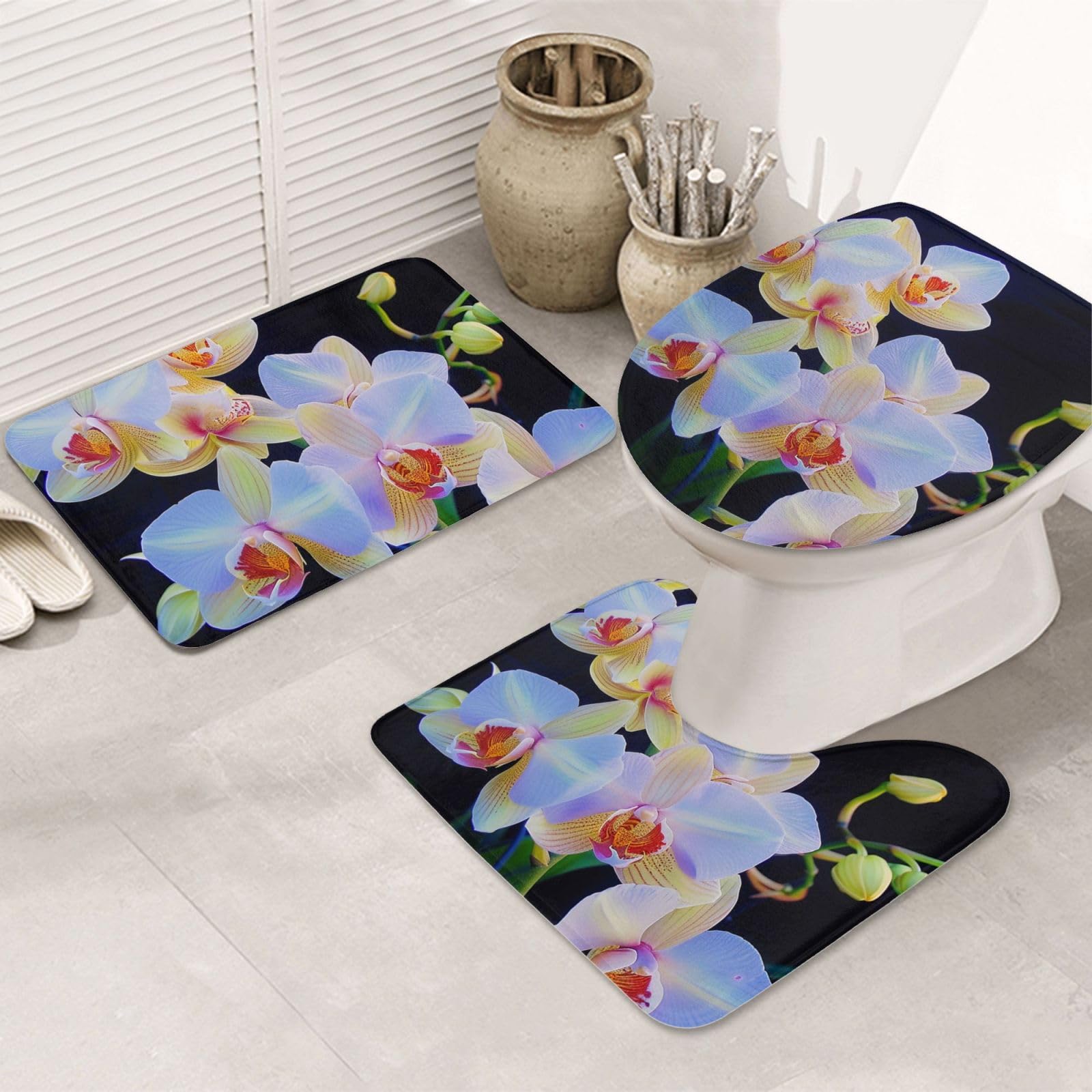 Lot de 3 tapis de bain en flanelle avec motif orchidées, tapis de bain + tapis contour + housse de siège de toilette, tapis de bain antidérapant et absorbant