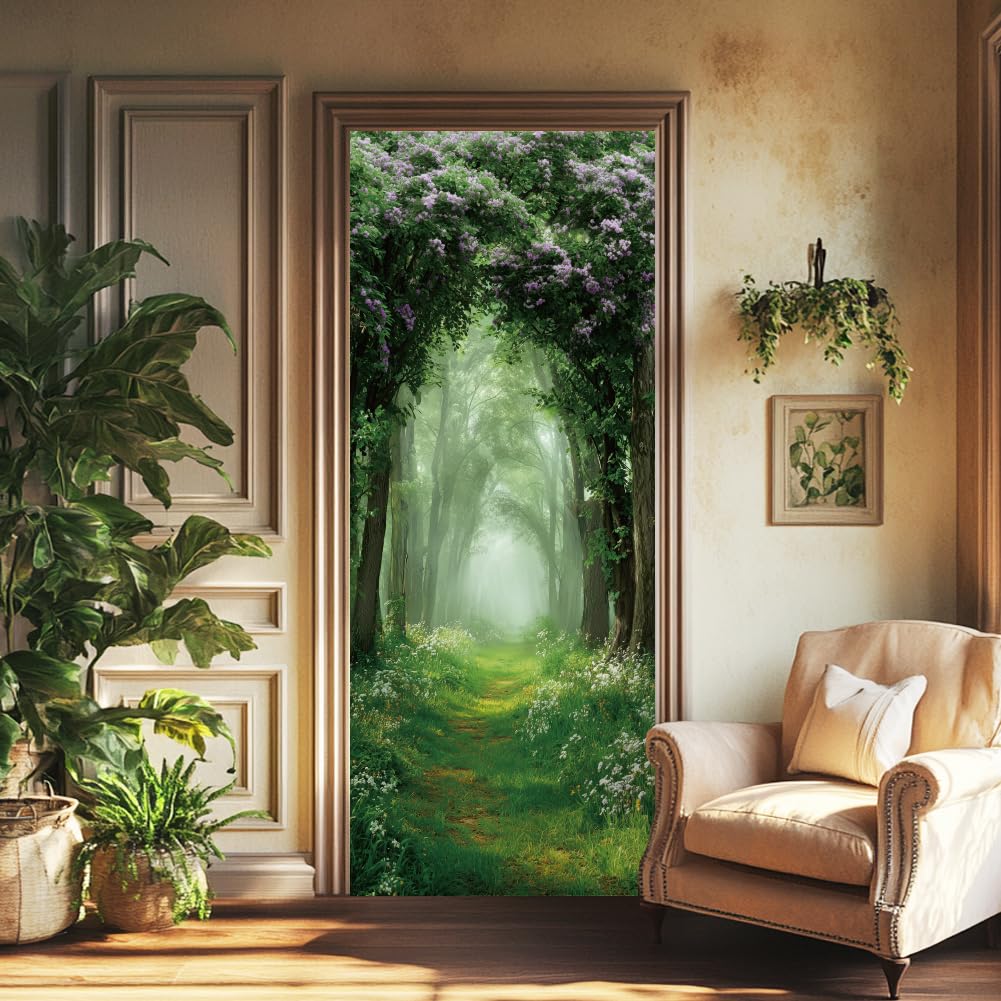 arricraft 2 Pcs Self-Adhesive Door Stickers, 31.5"x78.7" 3D Green Forest Flowers Pattern Door Murals Stickers PVC Doors Removable Wallpaper Decoration for Bedrooms Living Room Home Decoration
