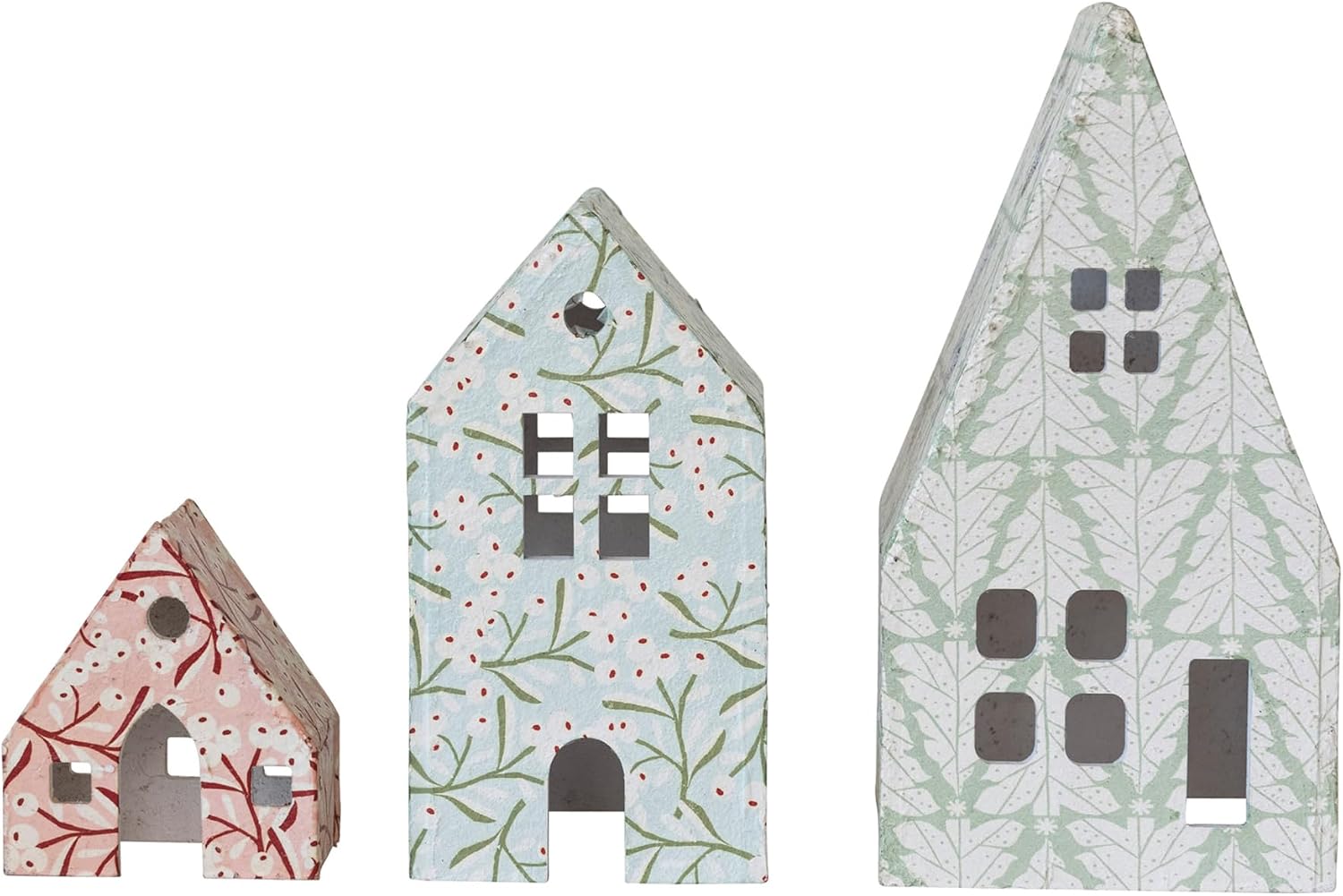 Creative Co-Op Printed Paper Mache Houses with Berry and Tree Patterns, Multicolor, Set of 3