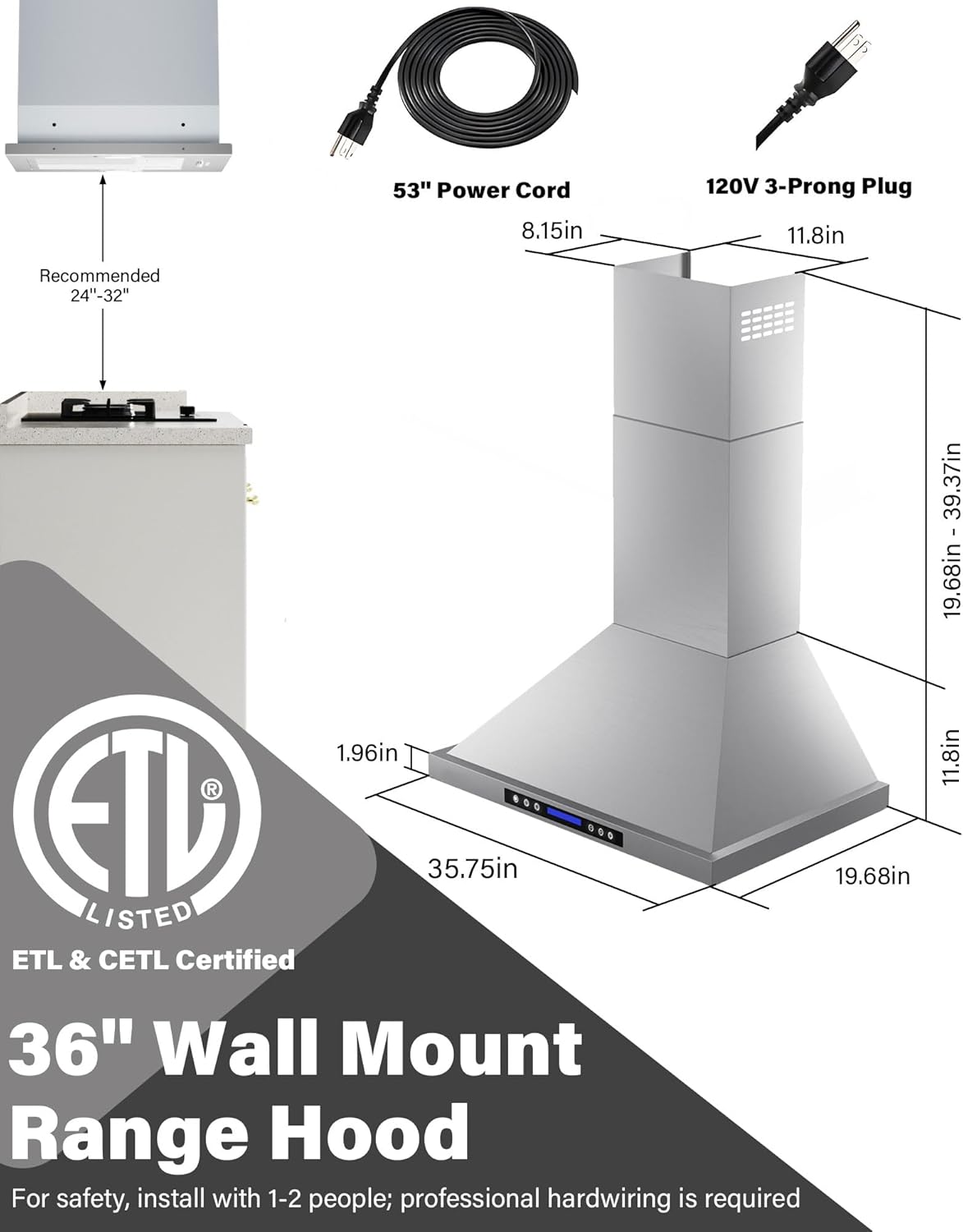 36 inch Stainless Steel Wall Mount Range Hood - 900 CFM, Ultra-Quiet 4-Speed Vent, Touch/Remote Control LCD, LED Lights, Ducted/Ductless Convertible