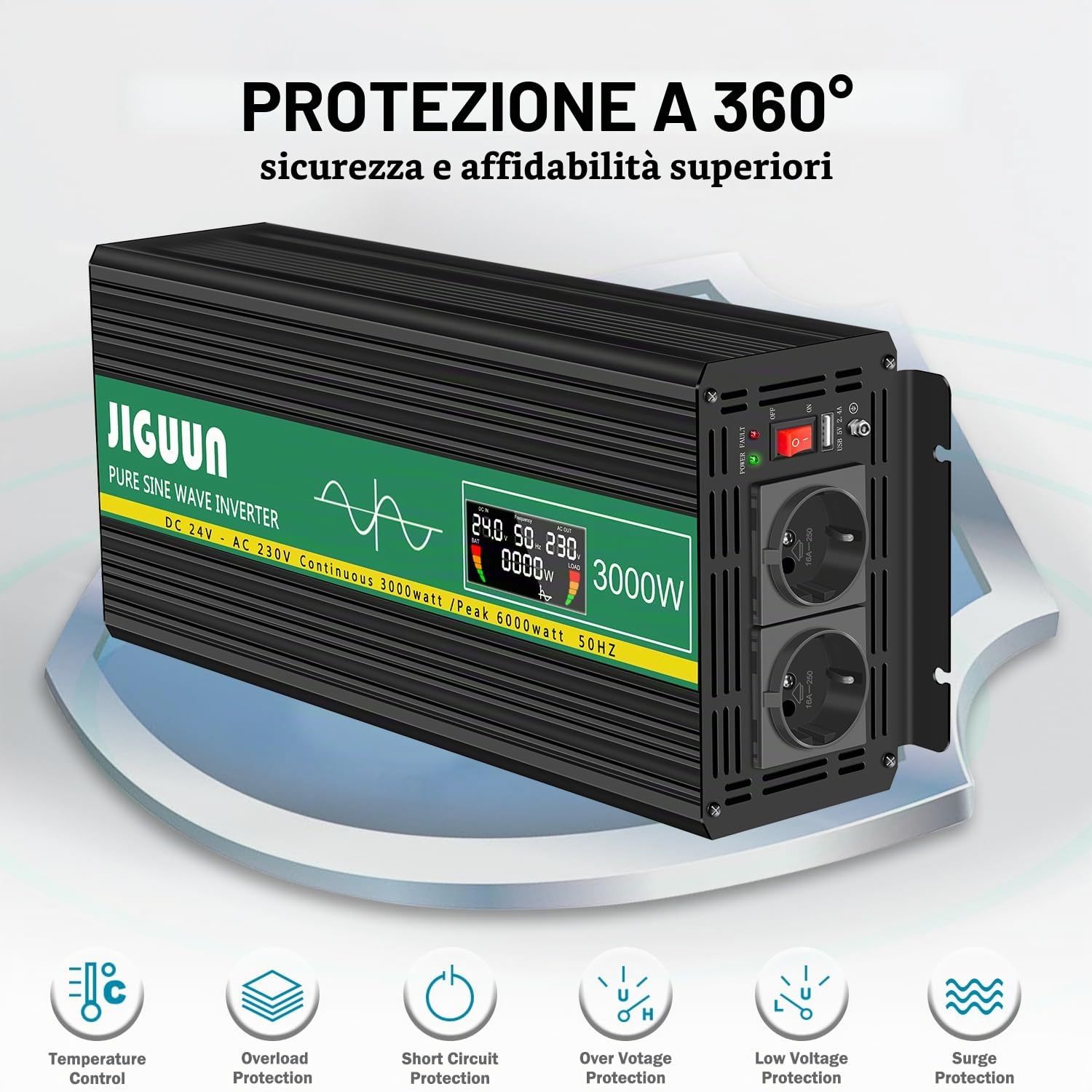 JIGUUN 3000W inverter 24V 220V onda pura Trasformatore con 2 prese EU e una porta USB 2.1A - Telecomando senza fili e display LCD Potenza di picco 6000W per camion camper emergenza
