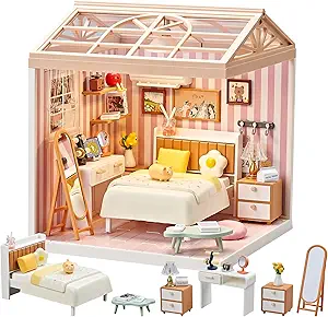 DIY Play Miniature Bedroom Kit – 82Pcs 1:20 Scale Cozy Dollhouse Room Toy with LED Light & Blister Packaging, Connectable Tiny House Model for Kids 8+ & Teens