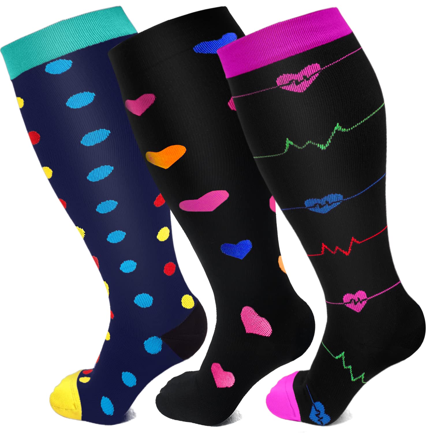 FuelMeFoot Plus Size Compression Socks 15-20 MmHg - Wide Calf For Women & Men, 3 Pack (XX-Large)