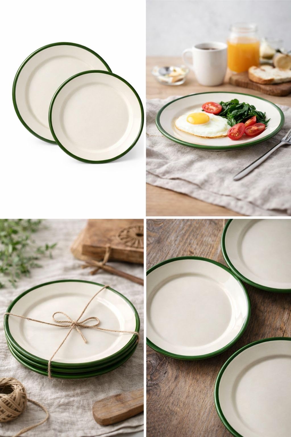 4'lü Emaye Servis Tabağı Seti - 25 cm Krem Renkli Yeşil Kenarlı Yemek Tabağı Takımı - Retro Nostaljik Tasarım, Dayanıklı ve Sağlıklı Mutfak Gereçleri - Kamp ve Ev Kullanımına Uygun