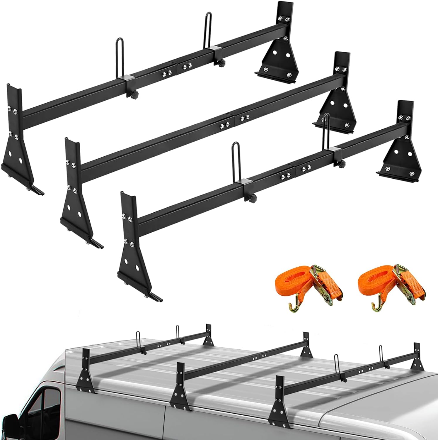 Universal Roof Ladder Rack for Van, Adjustable Length 57''-65'', 3 Bars - Fit Chevy Express Vans 1996-Up, 800LB Load-Capacity, Matte Coating Van with rain gutter