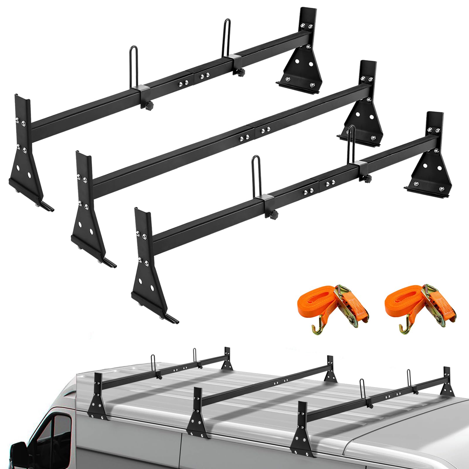 Universal Roof Ladder Rack for Van, Adjustable Length 57''-65'', 3 Bars - Fit Chevy Express Vans 1996-Up, 800LB Load-Capacity, Matte Coating