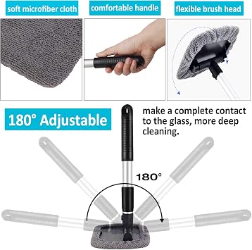Car Window Cleaner, Windshield Cleaner with Microfiber Cloth, Telescopic Car Window Windshield Cleaning Tool, Auto Glass Cleaner Wash Brush, Interior Exterior Car Cleaning Kit (Black)