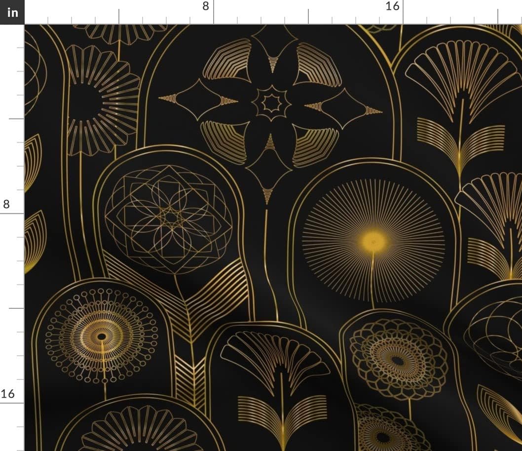 Spoonflower Fabric - Art Deco Flower 1920s Gold Floral Black Flowers Geometric Dark Printed on Petal Signature Cotton Fabric Fat Quarter - Sewing Quilting Apparel Crafts Decor