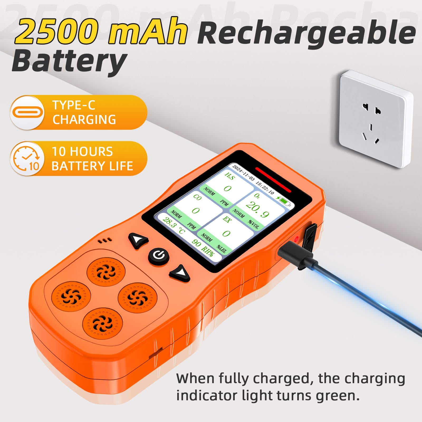 Monitor de 4 Gases, Recargable Analizador de 4 Gases, Detector Multigas para H2S, CO, LEL y O2 con Sensor Electroquímico, Naranja