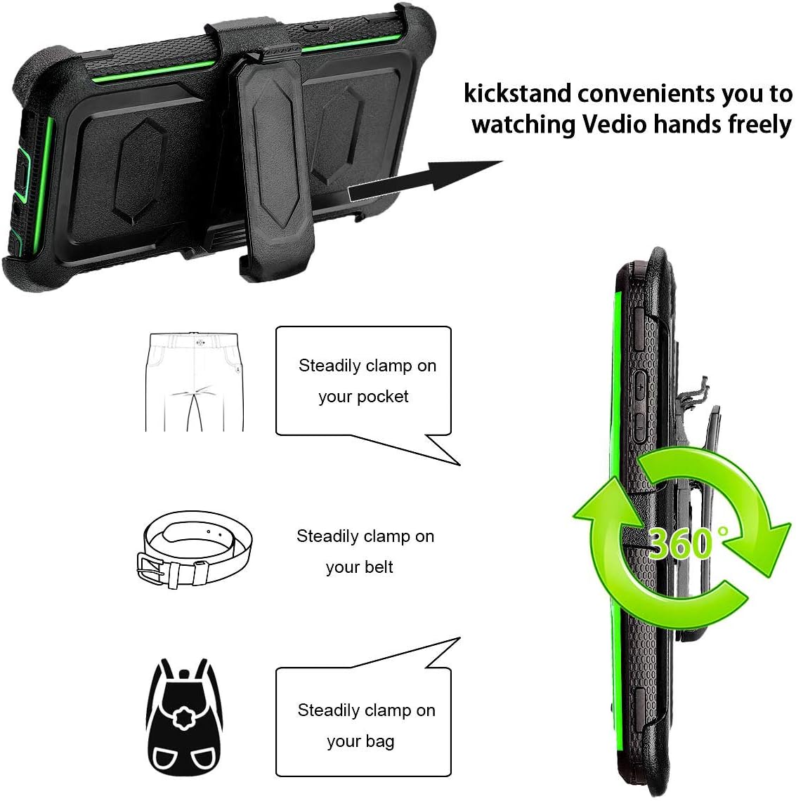 Stylo 4 Case/Stylo 4 Plus with Shockproof [Built-in Screen Protector] Full-Body Heavy Duty PC Back & Soft TPU Inner Armor Swivel Belt Clip Combo Holster Heavy Duty Protective Case[Kickstand],Green