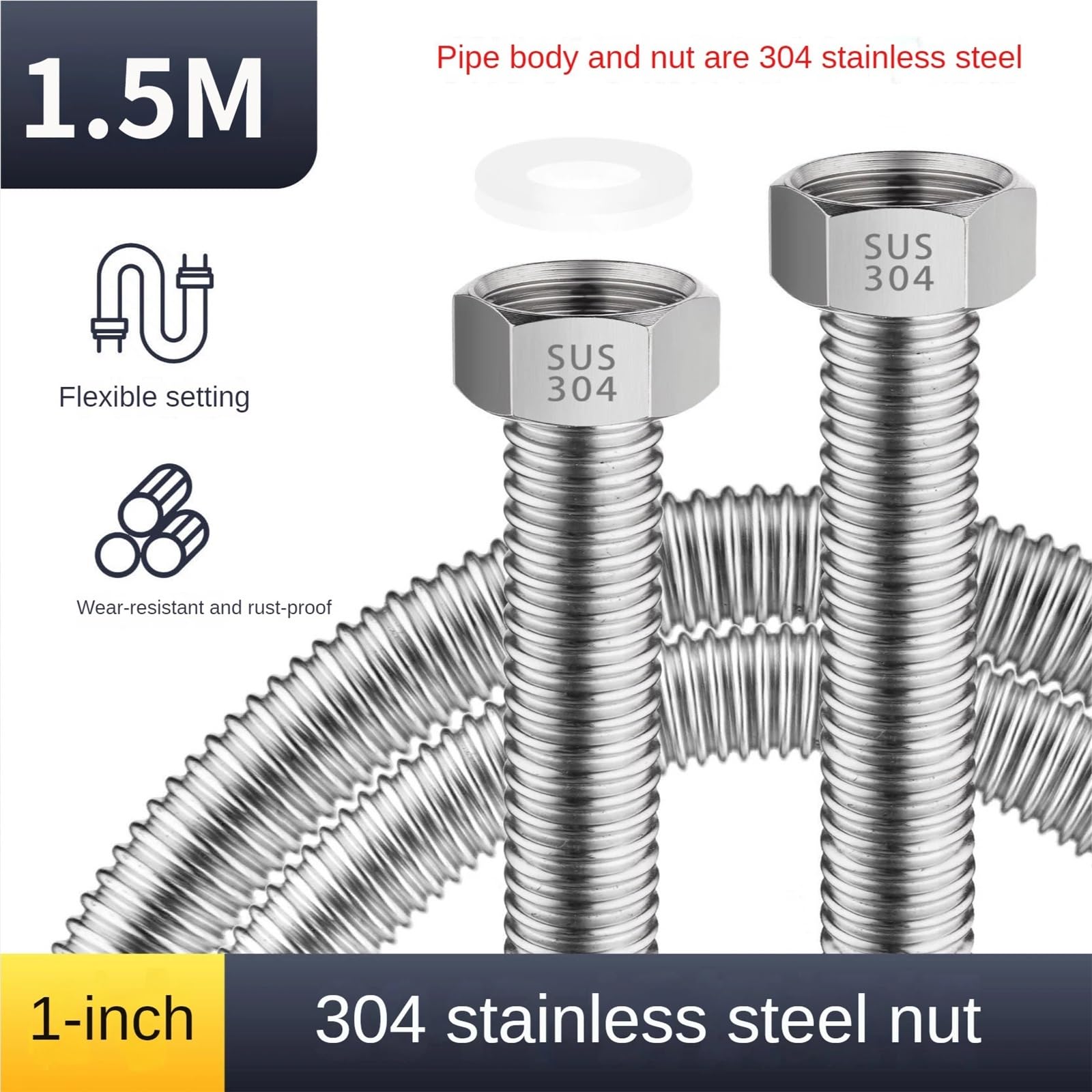 Inox Tuyau de Douche Soufflet en acier inoxydable 304 de 1 pouce, tuyau antidéflagrant haute pression DN25, métallique spécial for eau chaude et froide(1.5M)