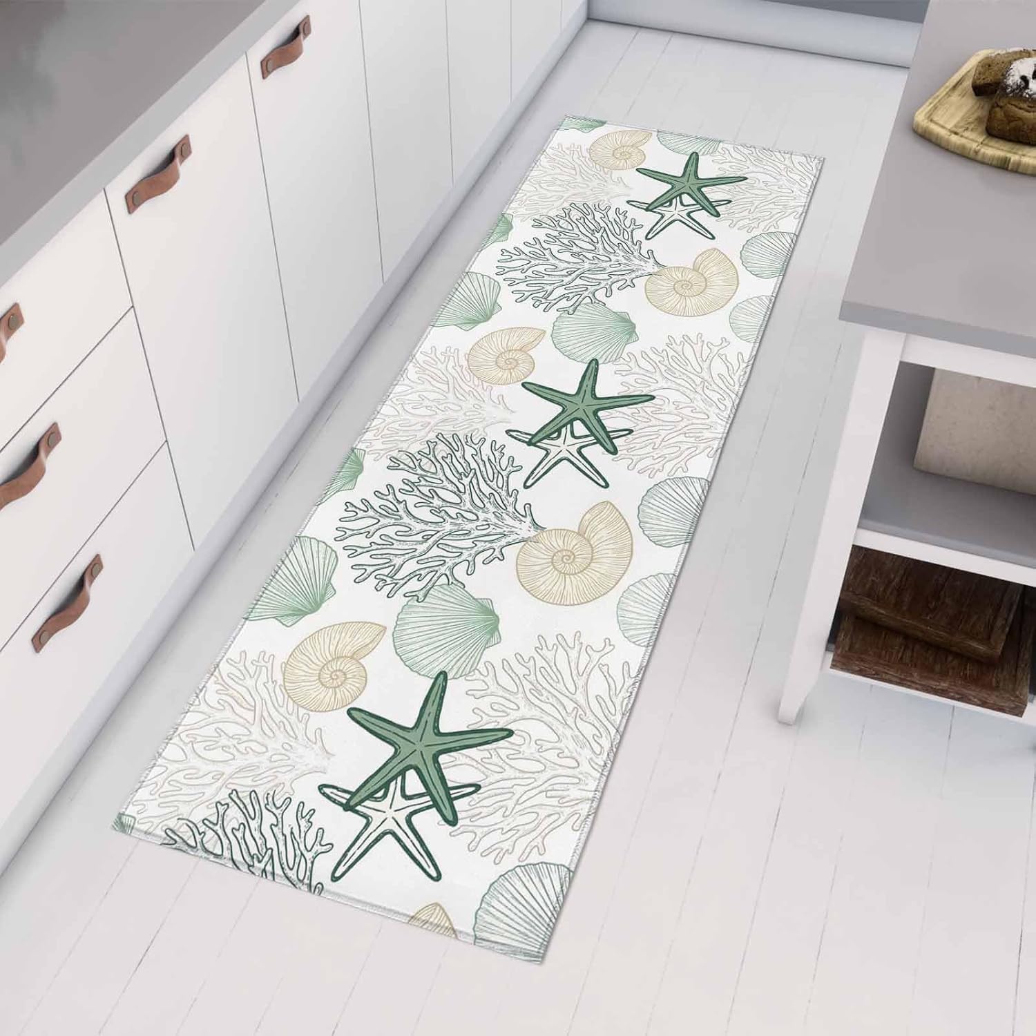 Teamery Kitchen Mats for Floor Ocean Green Starfish Seashells Washable Non Slip Kitchen Rugs 1PCS, Marine Life Corals Conch Absorbent Standing Mats for Sink Bathroom Office Living Room 23.6x70.9in