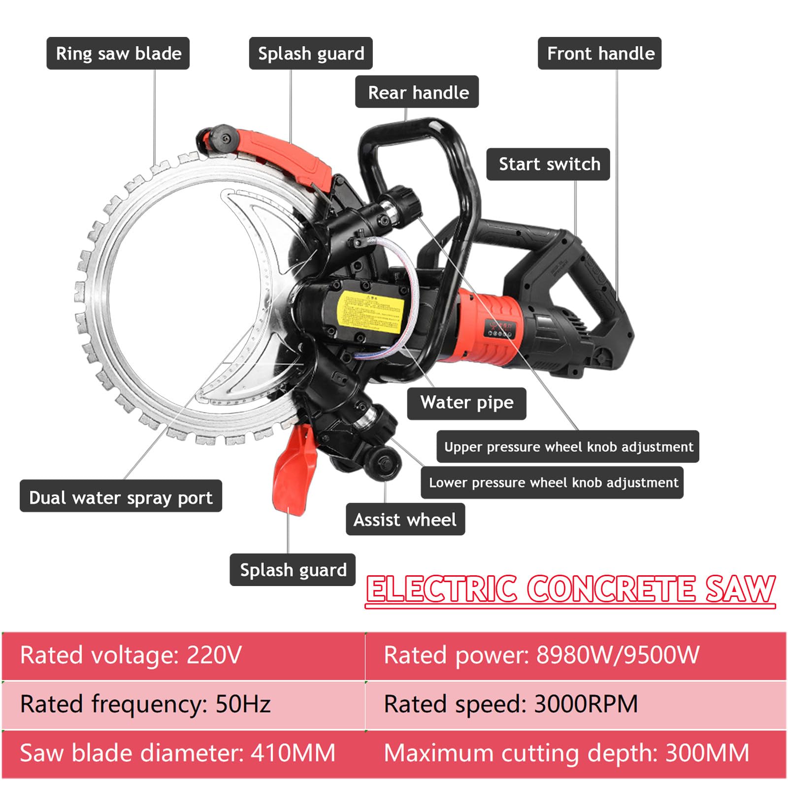 Sega per Cemento da 410 mm - Motore da 8980/9500 W, incl. 2 Lame diamantate per muratura, Linea dell'Acqua e Pompa, profondità di Taglio 300 mm, Utensili per Il Taglio del Cemento,9500W