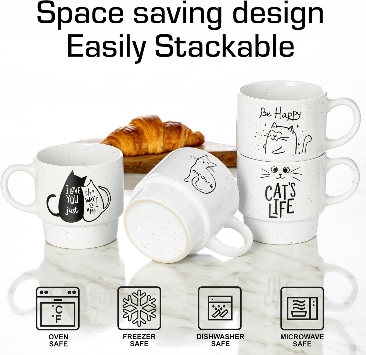 Signature Housewares Stackable Coffee Mug Tower Set with Metal Wire Rack - 15 Ounce Coffee Mugs for Coffee, Tea, Cocoa, Milk, Cappuccino, Hot Chocolate Set of 4 - Cat's Life