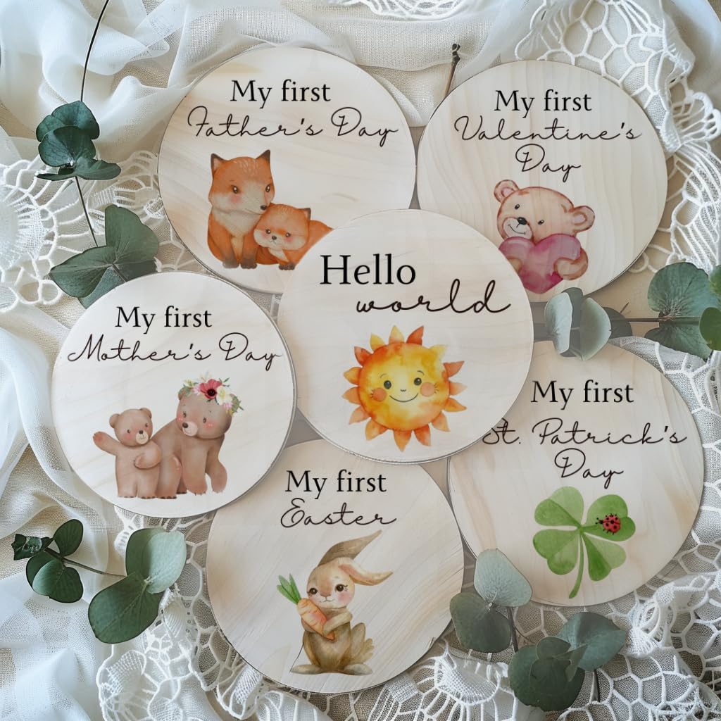 Wooden Baby Holiday Milestone Set – 6 Double-Sided Discs with 12 ‘My First’ Holiday Designs – Keepsake Photo Prop Gift for Newborns