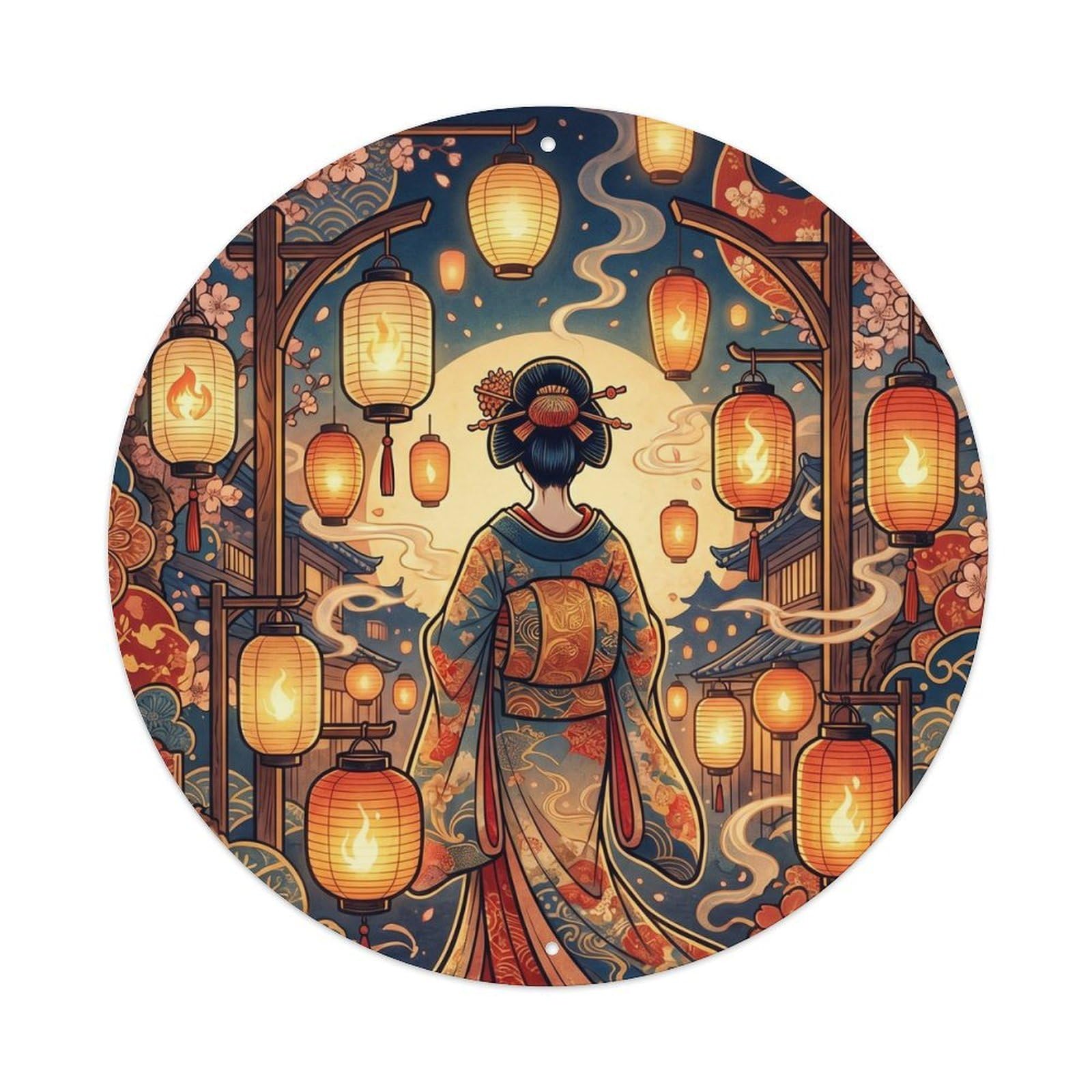 Galvaxio Style Japanese Kimono Woman Observing Lamplight Flickering Warm Metal Tin Sign